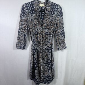 L'Agence Navy 100% Silk Paisley Tie Belt Button Front Shirt Stella Dress Size S